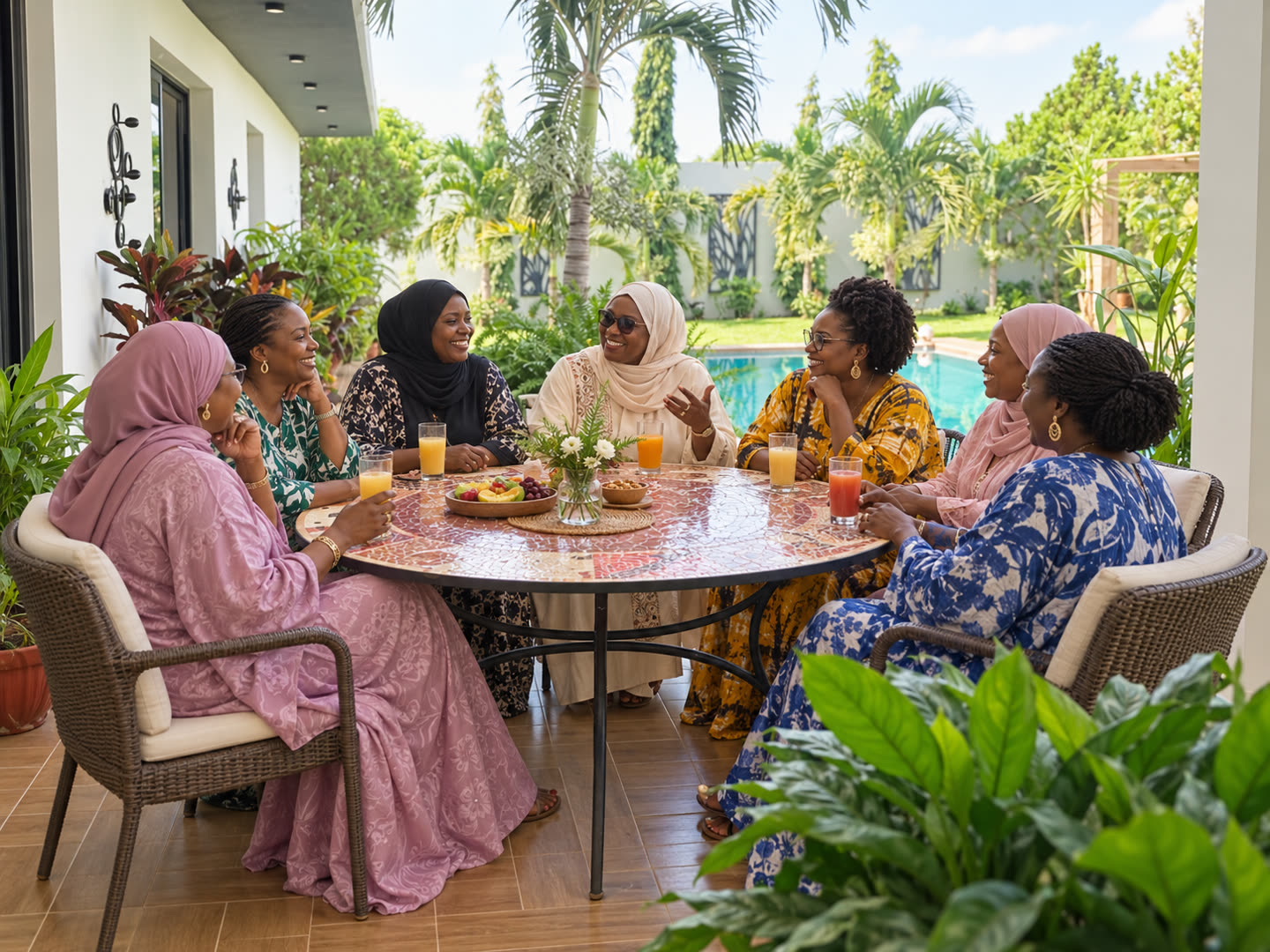 Des femmes réunies autour d’une table dans le jardin de la Villa Diarra